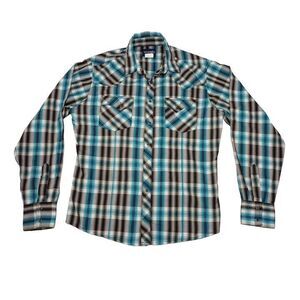 Wrangler Men's Medium Shirt Pearl Snap‎ Blue Black Long Sleeve Cotton Polyester